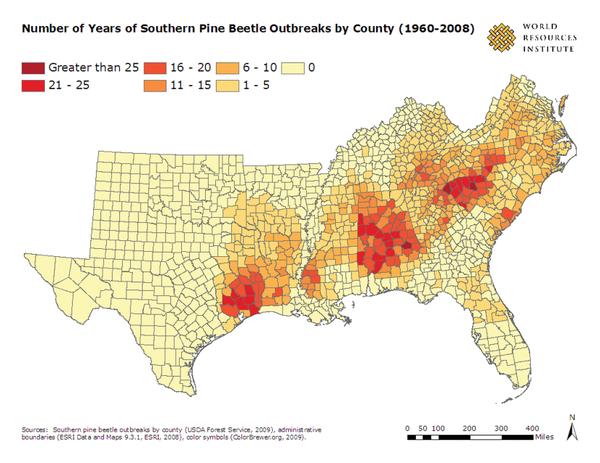 Figure 5. Number of years of SPB outbreak by county.